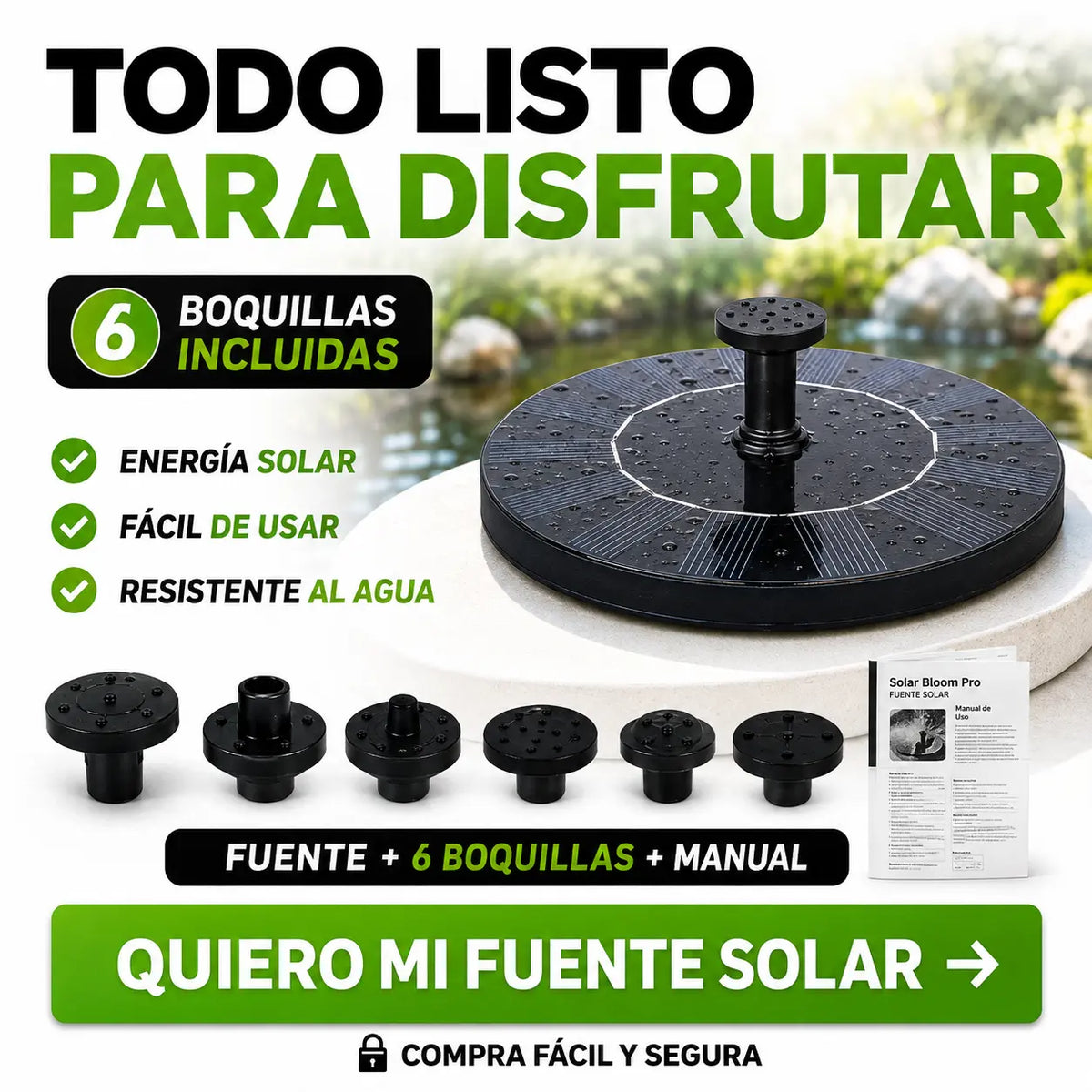 Fuente Solar Flotante para Jardín Solar Bloom Pro – 6 Boquillas